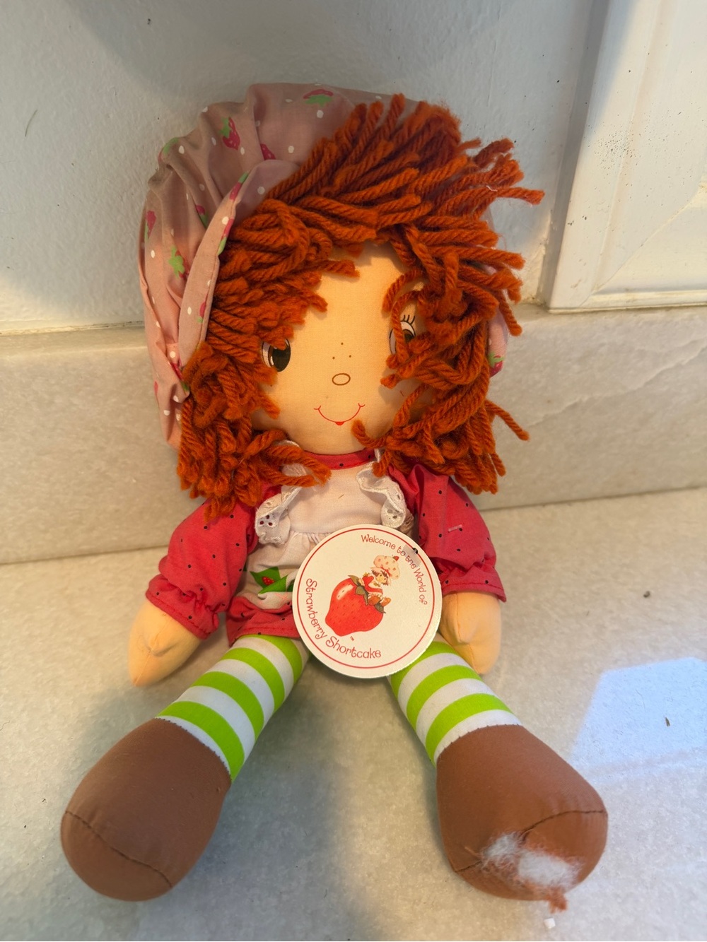 Vintage Pink & Green Rag Doll Plush with Orange Yarn Hair